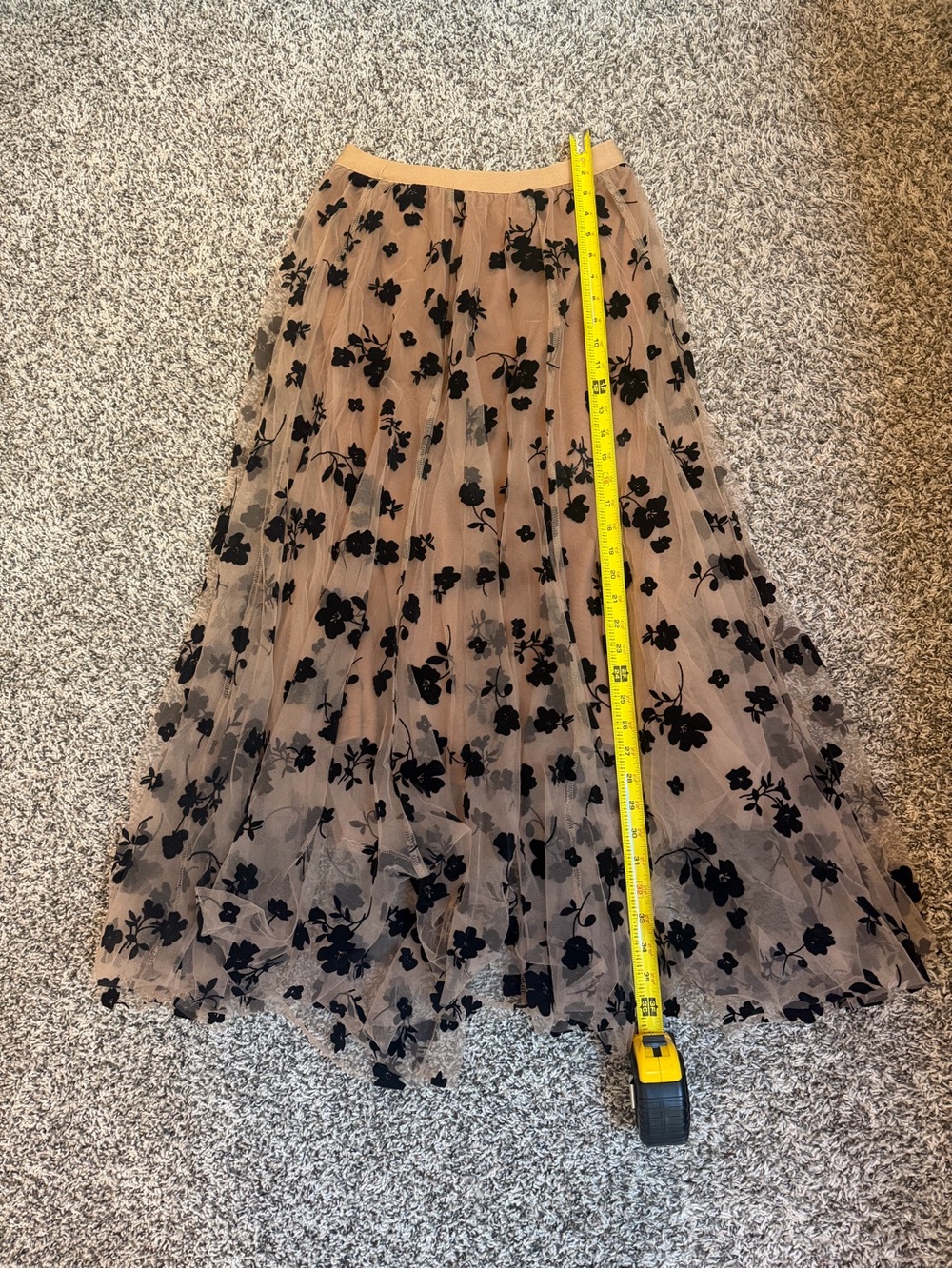 chic Nude Mesh Maxi Skirt with Black Floral Flocking